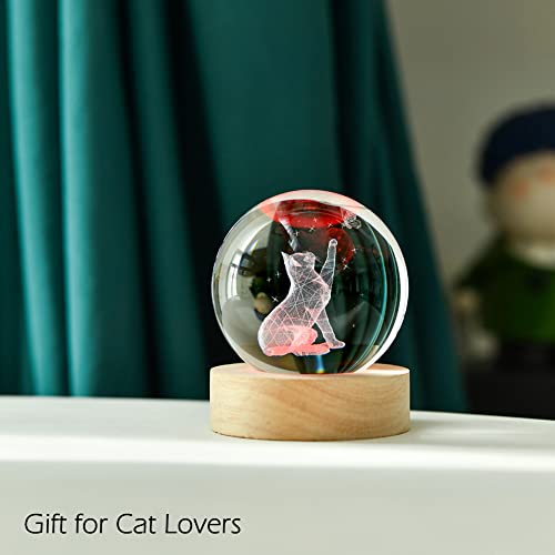 Image of IFOLAINA Cat Lover Gifts for Women 3D Cat Figurines in Crystal Ball 60mm Decor Kitten Collectibles Kitty Snow Globes Gift Glass Sphere with Wooden LED Light Base