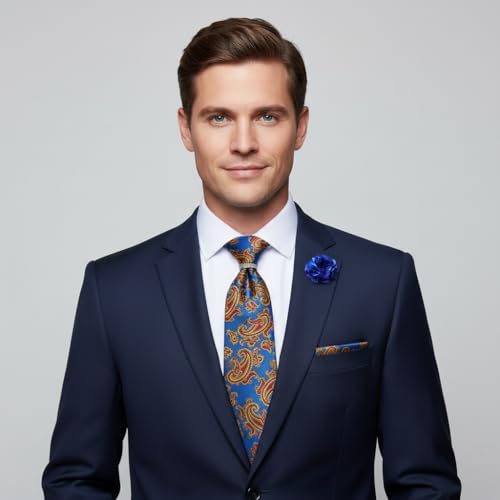 Image of 5PCS Mens Premium Silk Tie, Pocket Square, Cufflinks, Drilled Tie Ring and Lapel Pin Set for Wedding Groom Party