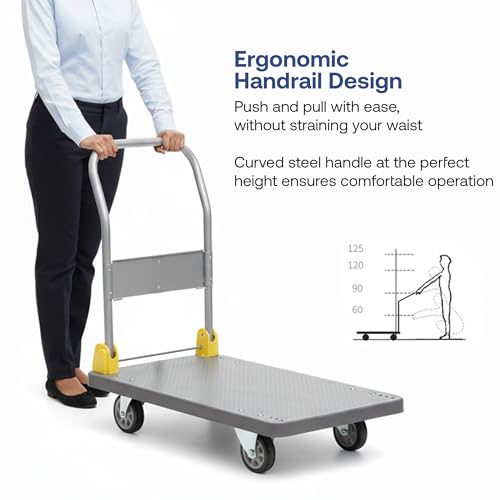 Image of BonKaso 400Kg Heavy-Duty Foldable Platform Trolley | Plastic Hand Truck with 4 360 Rotating Wheels & Cushioned Grip | Material Handling Cart for Home, Office, Warehouse & Industrial Use (Grey)