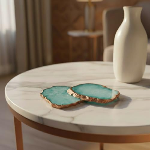 Image of Natural Agate Stone Tea Coasters Set | Premium Stone Coasters for Tea, Coffee & Glass | Heat Resistant Coasters for Dining Table, Office Desk & Home Decor | Pack of 2 | Color -Turquoise