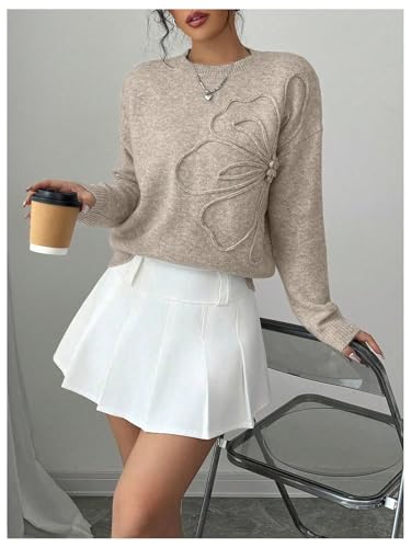 Image of Verdusa Women's Spring 3D Flower Appliques Crewneck Sweaters Long Sleeve Drop Shoulder Pullovers Knit Going Out Tops