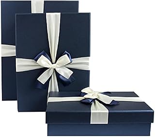 Emartbuy Set of 3 Rigid Luxury Rectangle Shaped Presentation Gift Box, Black Box with Lid, Brown Interior and Gold Satin Decorative Ribbon