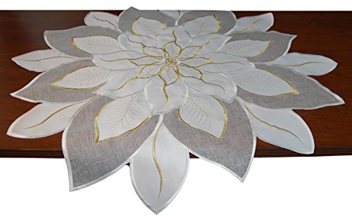 EcoSol Designs - Embroidered Small Tablecloth Topper, Elegant Table Throw Centerpiece for Round or Square Table, Ideal for Events, Holiday Season and More, White Poinsettia, 33.5 x 33.5 inches