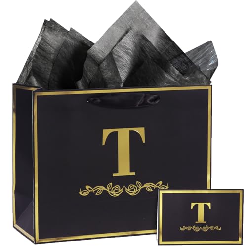 momoake Alphabet Birthday Gift Bag with Card and Tissue Paper for Men Women, 13" Large Black Gold Personalized Bridal Party Gift Paper Bag for Gifts Wrapping - (Letter T)
