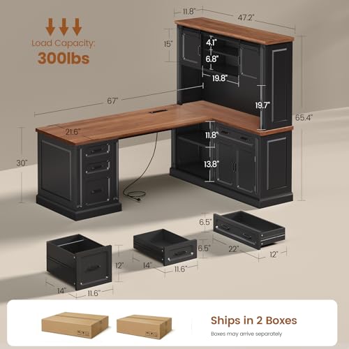 Image of SEDETA 67 inch Farmhouse Executive L Shaped Desk with Hutch & Storage