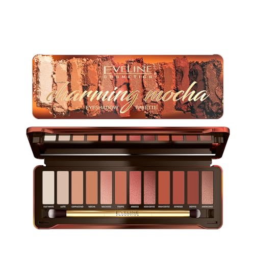 Eveline Cosmetics Charming Mocha Lidschatten-Palette - 12 hochpigmentierte Farben mit doppelseitigem Pinsel für perfektes Verblenden