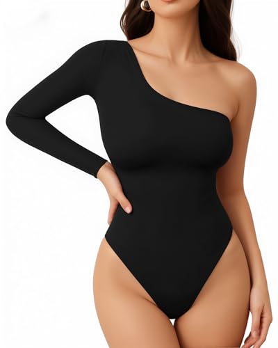 MANGOPOP Women's One Shoulder Bodysuit Sexy Long Sleeve Backless Body