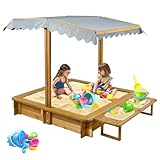 Sandbox with Lid, Outdoor Wooden Kids Sand Box with Adjustable Canopy & Two Toy Basins, Sandbox with Cover for Backyard, Beach, Gift for Kids Aged 2-8, Bottom Liner & UV-Resistant, 45''