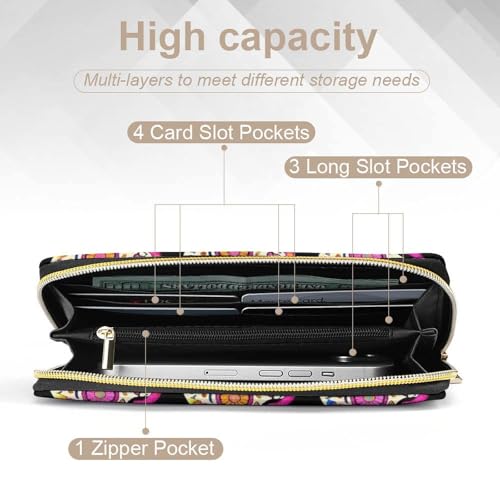 Women's Cute Decor Wallet, Long PU Zipper Wallet, Travel Purse Fashion Design, Huge Storage Capacity Purse Day Dead Colorful Sugar Skull4