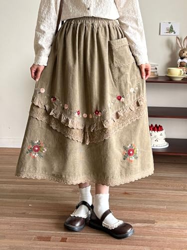 ebossy Womens Cottagecore Embroidenry Floral Corduroy Skirt Elastic High Waisted Flowy A-Line Long Skirt with Pocket2