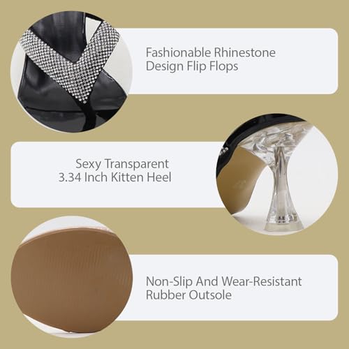 Women'S Rhinestone Clear Kitten Heel Flip Flops Slip On Sexy Transparent Stiletto Thong Sandals Round Open Toe Wedding Party Dress Heel Mule Sandals2