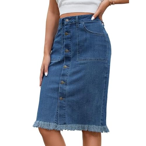 luvamia Women's Denim Midi Skirt - Mid Rise, Frayed Hem