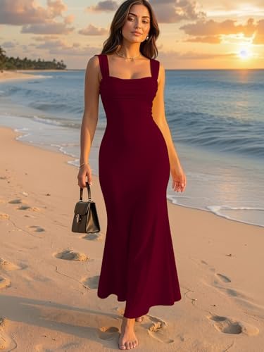 Image of Aahwan Solid Square Neck Bodycon Mermaid Hem Sleeveless Maxi Dress for Women's & Girl's