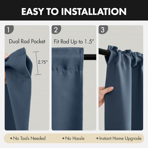 Image of MIULEE 4 Panel Set Short Bedroom Blackout Curtains 54 Inch Long Stone Blue | Thermal Curtains for Summer Heat, Light Blocking Privacy Window Drapes, Top&Bottom Rod Pocket