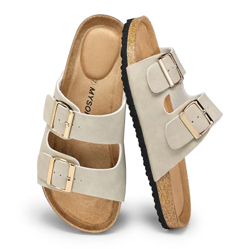 mysoft Womens Flat Sandals Cork Footbed Slides 2 Straps Adjustable Buckle Slip On Summer with...