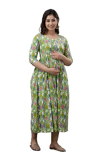 Image of The Moon Star Women's Cotton Floral Printed Anarkali Maternity Feeding Kurti | Breastfeeding Dress for Mothers | Zipper Feeding Kurti, Nursing Kurti, Comfortable and Trendy Maternity Wear