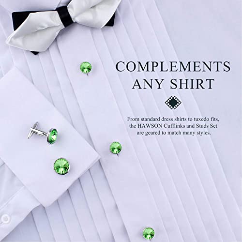 Hawson Cufflinks And Studs Tuxedo Set Silver Color With Austrian Crystals In Green #TOP3