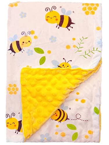 Image of Bee Minky Blanket - Soft Double Layer Plush, Toddler to Newborn, Dotted Backing, Shower Gifts (30 X 40 inches)