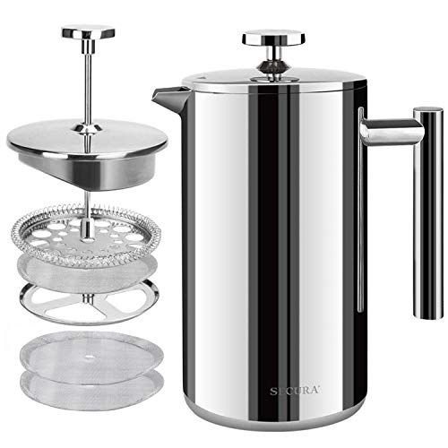 Comparison: Large French Press 8 Secura French Press Coffee Maker, 304 Grade Stainless Steel Insulated Coffee Press with 2 Extra Screens, 50oz (1.5 Litre), Silver