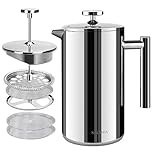 Secura Cafetière French Press Coffee Maker, Stainless Steel Insulated Coffee Press with 3-Layered Stainless Steel Filter Structure, Included 2 Extra Screens, 1.5 Litre, Silver