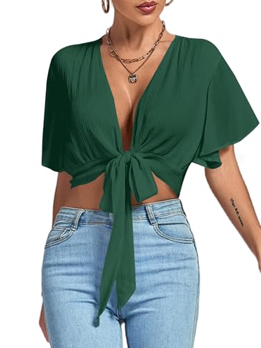 Image of LYANER Women's Sexy Deep V Neck Tie Front Wrap Cropped Blouse Bell Short Sleeve Ruffle Crop Tops