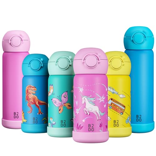 B2DO Botella de agua de acero inoxidable 316 con doble aislamiento de 350 ml Unicornio rosa | Termo para niños con aislamiento anti-fugas para el colegio | Botella para niños con pajita sin BPA