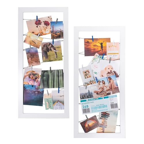 Fotohalter mit Klammern und Deko-Bilder, moderner Bilderrahmen mit Leine, Fotorahmen aus MDF-Holzrahmen, auch ideal als Pinnwand, Memohalter, Collage nutzbar (weiß, 2er Set - ca. 25 x 55 cm)