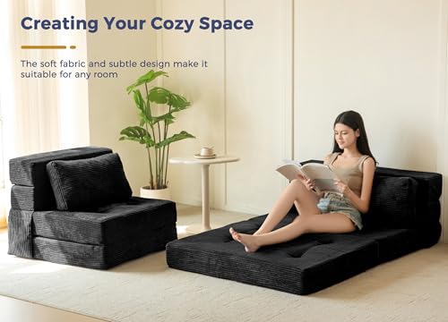 Image of MAXYOYO Convertible Sofa Bed, Fold Out Sofa Couch with Pillow, 4 in 1 Tufted Folding Couch Bed Foam Floor Couch, Lazy Chair for Living Room Bedroom Guest Room, Black
