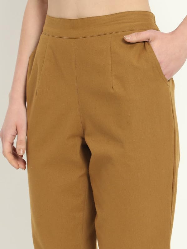 Image of Women's Solid Straight Fit 100% Cotton Trousers | High Waist, Side Pockets, Ankle Length Pants for Office, Casual