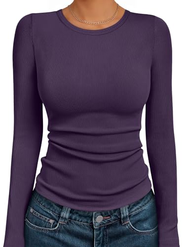 AUTOMET Women's Long Sleeve Shirts Ribbed Slim Fit Crewneck Tops Basic Layering Tees Undershirts Fall Winter Clothes Purple S