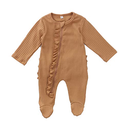 Newborn Baby Boy Girl Zipper Footed Pajamas Sleepers Ruffle Ribbed Romper Jumpsuit One Piece Outfit Clothes (D Khaki Footie Oneise, 0-3 Months)
