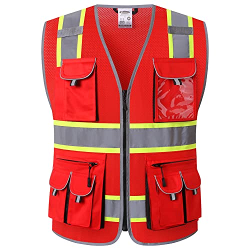 JKSafety 10 Pockets Hi-Vis Neon Color Frontal Zipper Mesh Safety Vest for Men Women Safety Utility for works Comply to ANSI/ISEA Standards (86-Red 3XL)