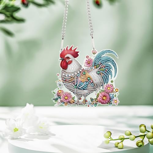 Image of 5D DIY Diamond Painting Pendant Kit - Rooster with Floral Design, Handmade Acrylic Diamond Art Hanging Ornament for Wall Window Home Decoration and Gift