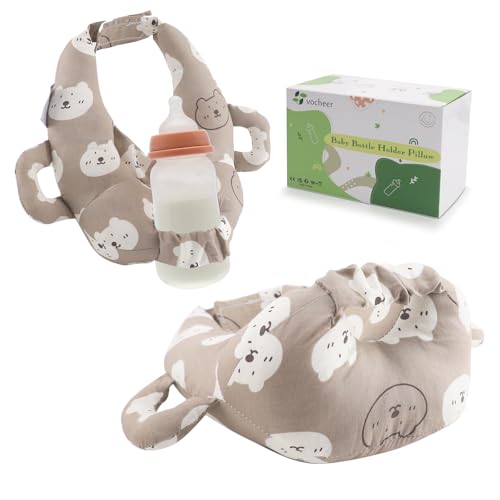 Image of vocheer Baby Bottle Holder Hands Free, Self Feeding Infant Bottle Propper, Twin Baby Essentials, Portable Support Pillow for Newborns,Cotton, Brown Bear