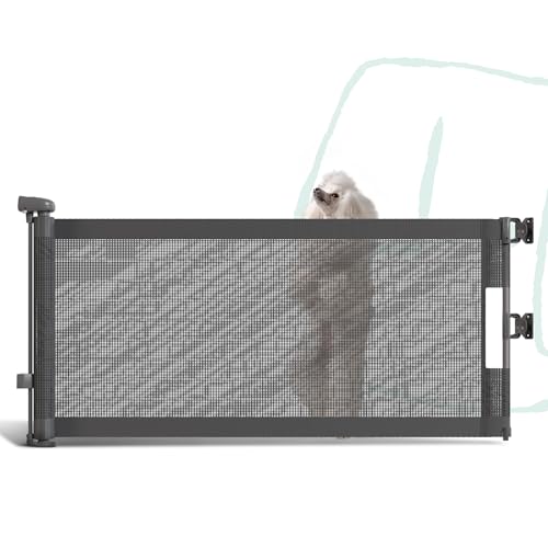 35 cm hohes Mesh-Hundegitter, Ausziehbar bis 150 cm, Bohrmontage, Kleines Hundegitter für Treppen, Leicht übersteigbares Welpengitter für Türen, Innen- und Außenbereich, Grau