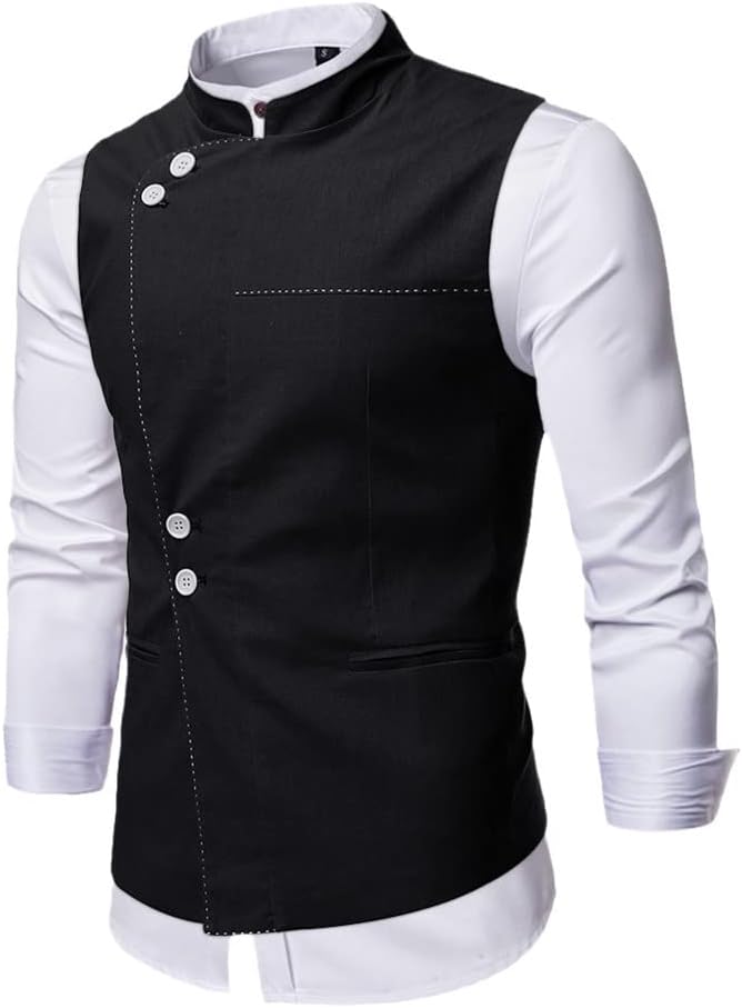 Youllyuu Men Suit Vest Irregular Party Single-Breasted Stand-Up Collar Pocket Gentleman Suit Vest