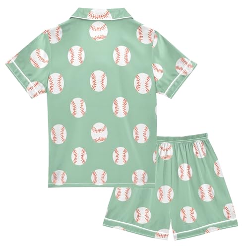 Simple Baseballs Green Prints Summer Satin Pajama Set, Cute Button-Down Sleepwear Pj Set for Sleep Wears2
