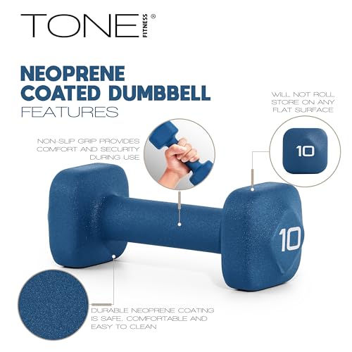 Tone Fitness Neoprene Dumbbell Weight Pairs with Anti-Roll Square Head | Multiple Options