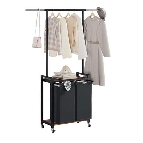 IDEALHOUSE 2-Section Laundry Sorter,Rolling Laundry Hamper with Hanging Rack & Shelf, 2× 11.7 Gal (44.3 L), Basket Organizer with Lockable Wheels,Folding Station for Bedroom, Bathroom by IDEALHOUSE - Used condition - US$61.81
