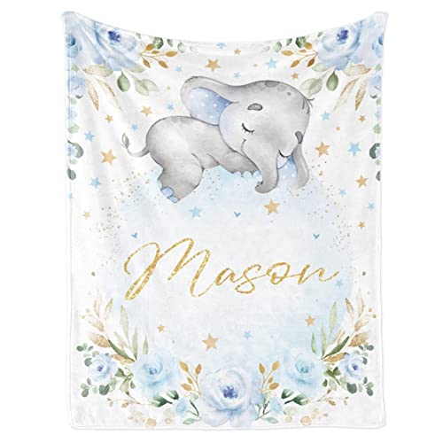 Image of Elephant Baby Blanket Personalized Blanket with Name for Boy Custom Blanket