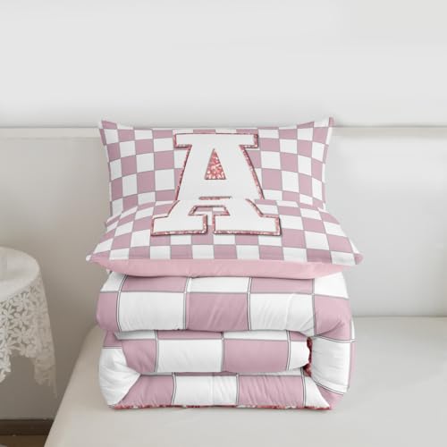 Image of Erosebridal Pink Initial A Kids Comforter Sets Kawaii Plaid Checkered Queen Bedding Set for Girls Teen Women Cute Personalized Monogram Comforter Set,Fashion Grids Gingham Quilt Duvet 3 Pcs