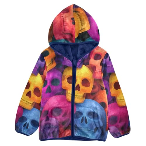 Skull Pattern Colorful Toddler Fleece Jacket Girl Boys Hooded Fleece Jacket Coat Warm Outwear Zip-up 3-10T