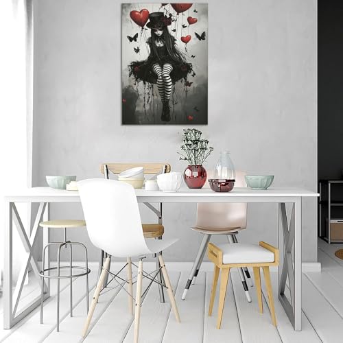 Póster de chica gótica vintage, lienzo de mujer con flores en blanco y negro de 40x60cm sin marco 2