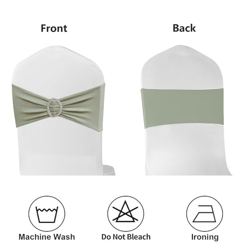 Image of Sage Green Chair Sashes 50 Pack, Spandex Sage Chair Bands Elastic Slider Chairs Ties for Wedding Party Baby Shower Events Banquet Decor