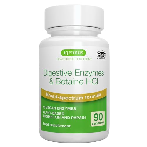 Enzimas Digestivas de Acción Rápida con Betaína HCl y Bromelina, 10 Enzimas Veganas que Incluyen Papaína y Lipasa, Clorhidrato de Betaína, Suplemento de Etiqueta Limpia, 90 Cápsulas, de Igennus