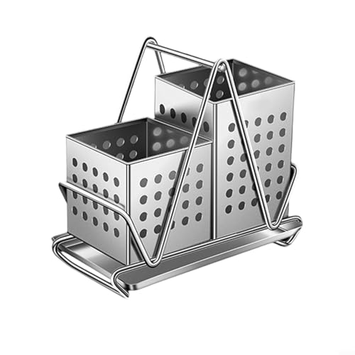 Soporte para cubiertos de acero inoxidable con agujeros de drenaje, palillos y organizador de utensilios para almacenamiento de cocina, 13 x 21,5 x 10 cm, plateado (con bandeja)