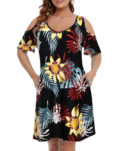 Image of JollieLovin Womens Plus Size Short Sleeve Cold Shoulder V Neck T-Shirt Dress with Pockets