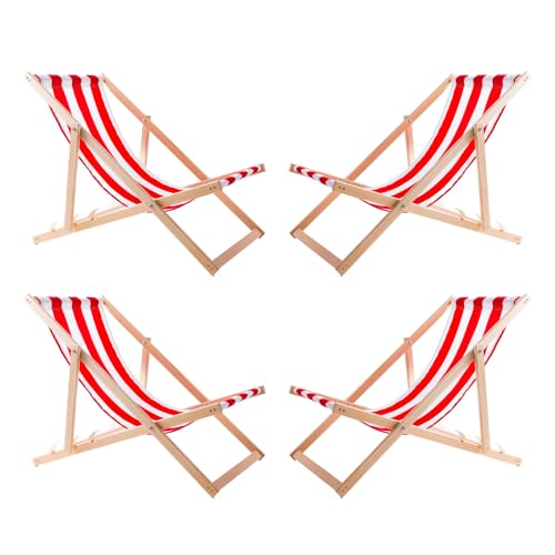 WOODOK Set di 4 Sedia a sdraio pieghevole - fino a 120 kg, in legno di faggio senza bracciolo, schienale regolabile in 3 livelli (4 x rosso/bianco)