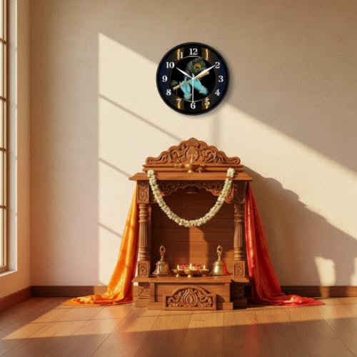 Image of Lord Krishna Flute & Peacock Feather Wall Clock for Puja Room & Living Room | Round Analog Silent Non-Ticking Hindu Spiritual Decor Watch | Mor Pankh Bansuri Timepiece