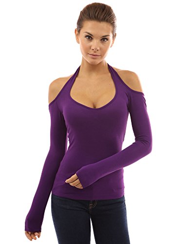 PattyBoutik Women Halter Cut Out Shoulder Long Sleeve Top (Bright Purple Small)